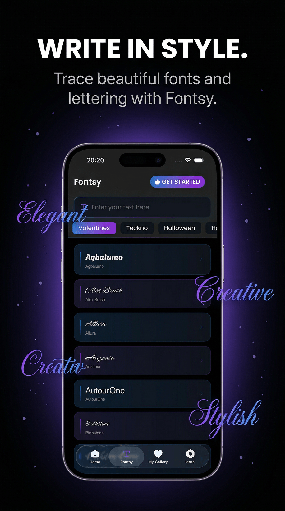 DoodleTop Fontsy screen showing a catalog of beautiful fonts